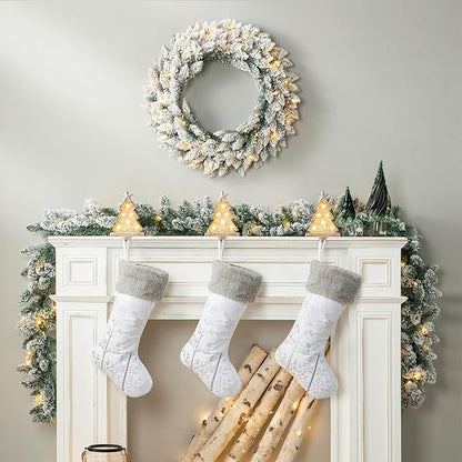 Glitzhome 24" D Pre-Lit Snow Flocked Christmas Wreath with Warm White LED Lights and Timer Artificial Decoration Wreath for Front Door Wall Window Indoor Outdoor Christmas Decorations