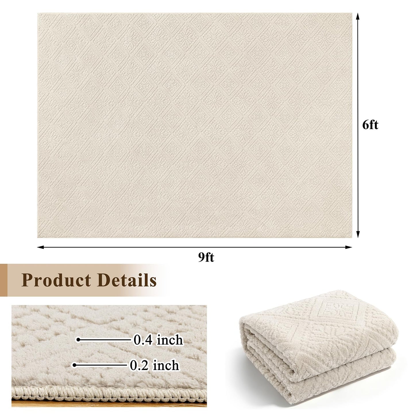 U'Artlines 6x9 Beige Washable Area Rug for Living Room, Soft Fluffy High Low Textured Carpet, Modern Neutral Geometric Non Slip Rugs for Bedroom Dining Room Kids Room