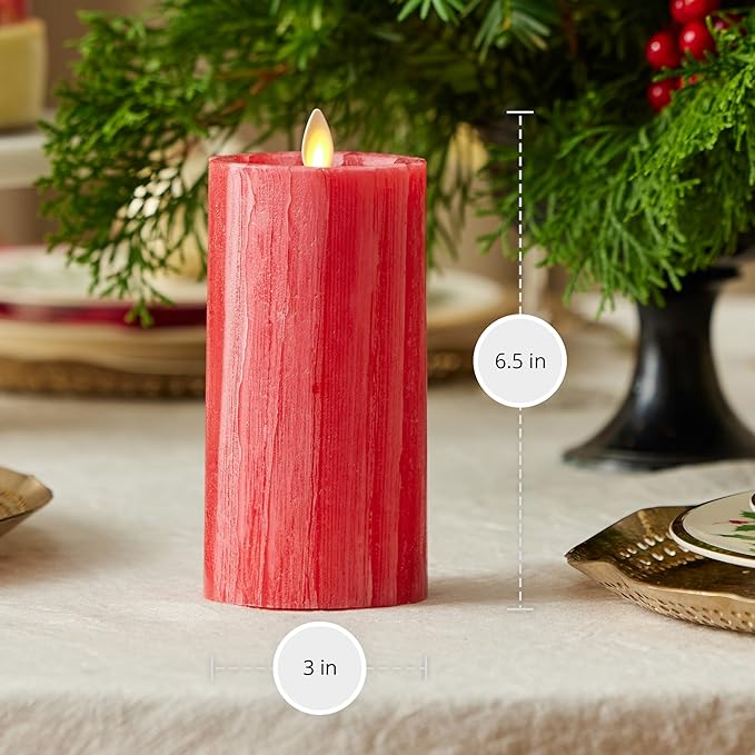 Luminara Selenite Looking Flameless Candle, Holiday Red 3" x 6.5", Battery Operated Real Wax Moving Flame LED Pillar w/Timer, Home Decor Unscented