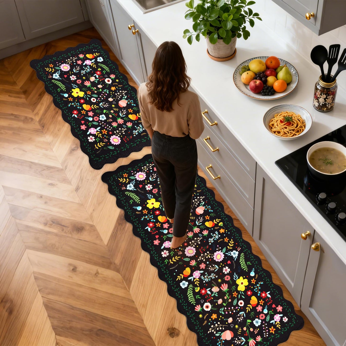 CQKEDMA Scalloped Kitchen Mats for Floor 3 Piece Set, Kitchen Floor Mat Non Slip Washable, Narrow Kitchen Runner Rugs Waterproof Boho Floral Standing Mat Door Mat for Sink Laundry, Hallways, Black