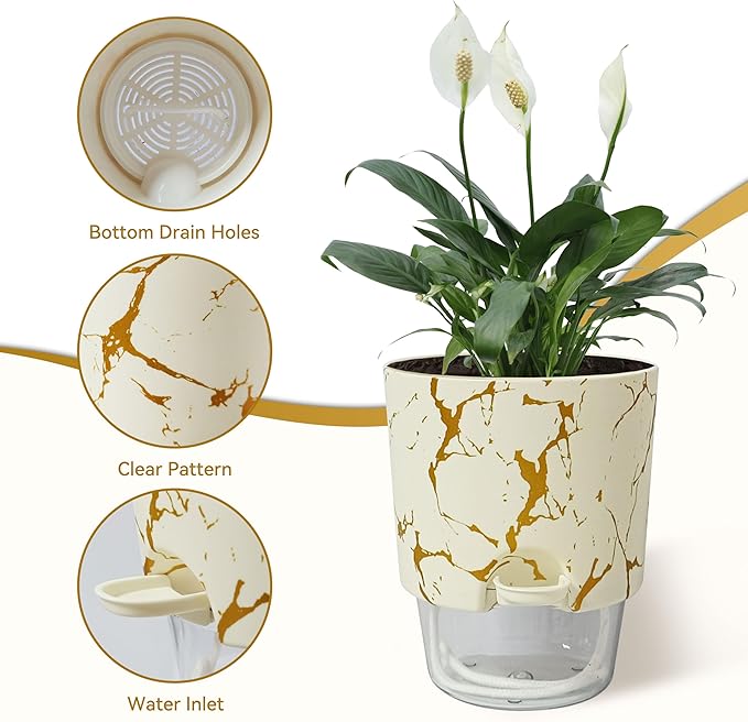 4.8 Inch Self Watering Pots for Indoor Plants 2 Pack, Plastic Modern Decorative Plant Pots with Transparent Water Reservoir, Outdoor Garden Flower Herb Succulent Pot, Marble Printed