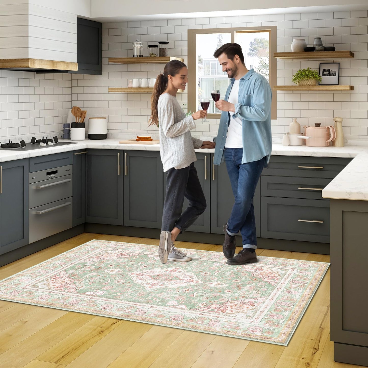 Vhong Washable Area Rugs Boho Vintage Modern Neutral Small Carpet Green and Pink High Traffic Rugs 3×5 for Dinning Room Living Room Bedroom Farmhouse Non Slip