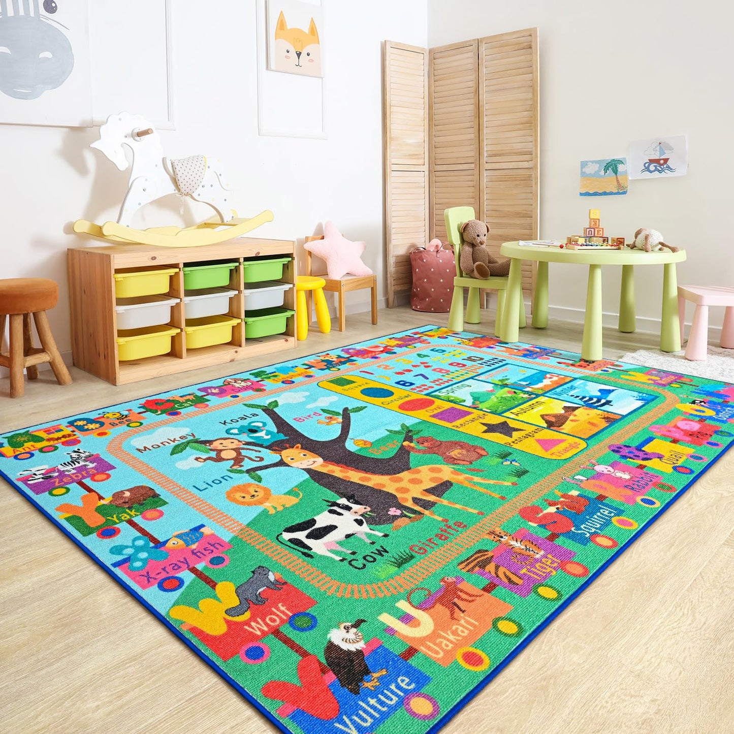 Zedrew Kids Rug for Playroom, 3x5 ABC Educational Carpet for Classroom, Fun Alphabet Area Rugs for Learn Numbers Season Animal Weather and Shapes Playmat for Girls Boys Room Nursery Decor