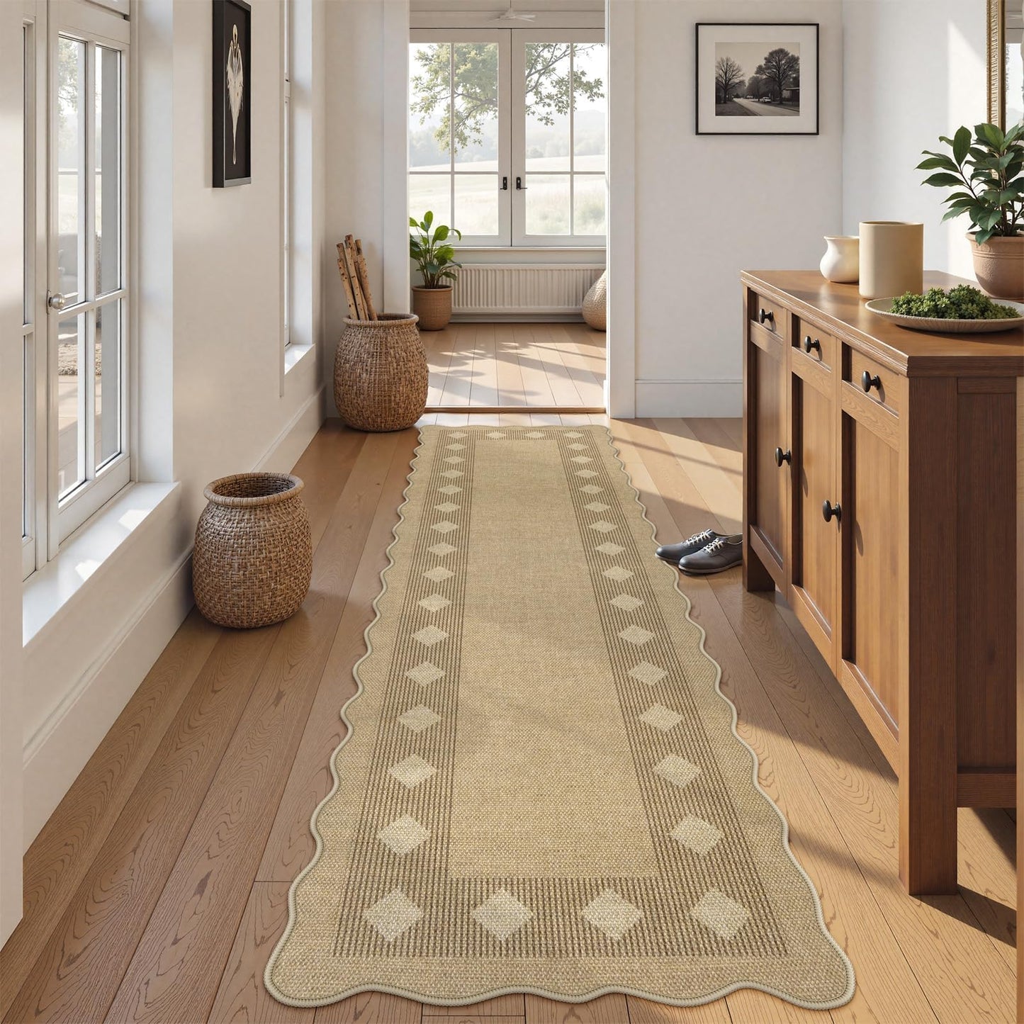 LIVEBOX Easy Jute Diamond Runner Rug for Kitchen, Scalloped Washable 2x8 Tan Rugs for Hallway Entryway, Geometric Checkered Indoor Outdoor Non Slip Rug Farmhouse Carpet Area Rugs for Porch Floor Mat