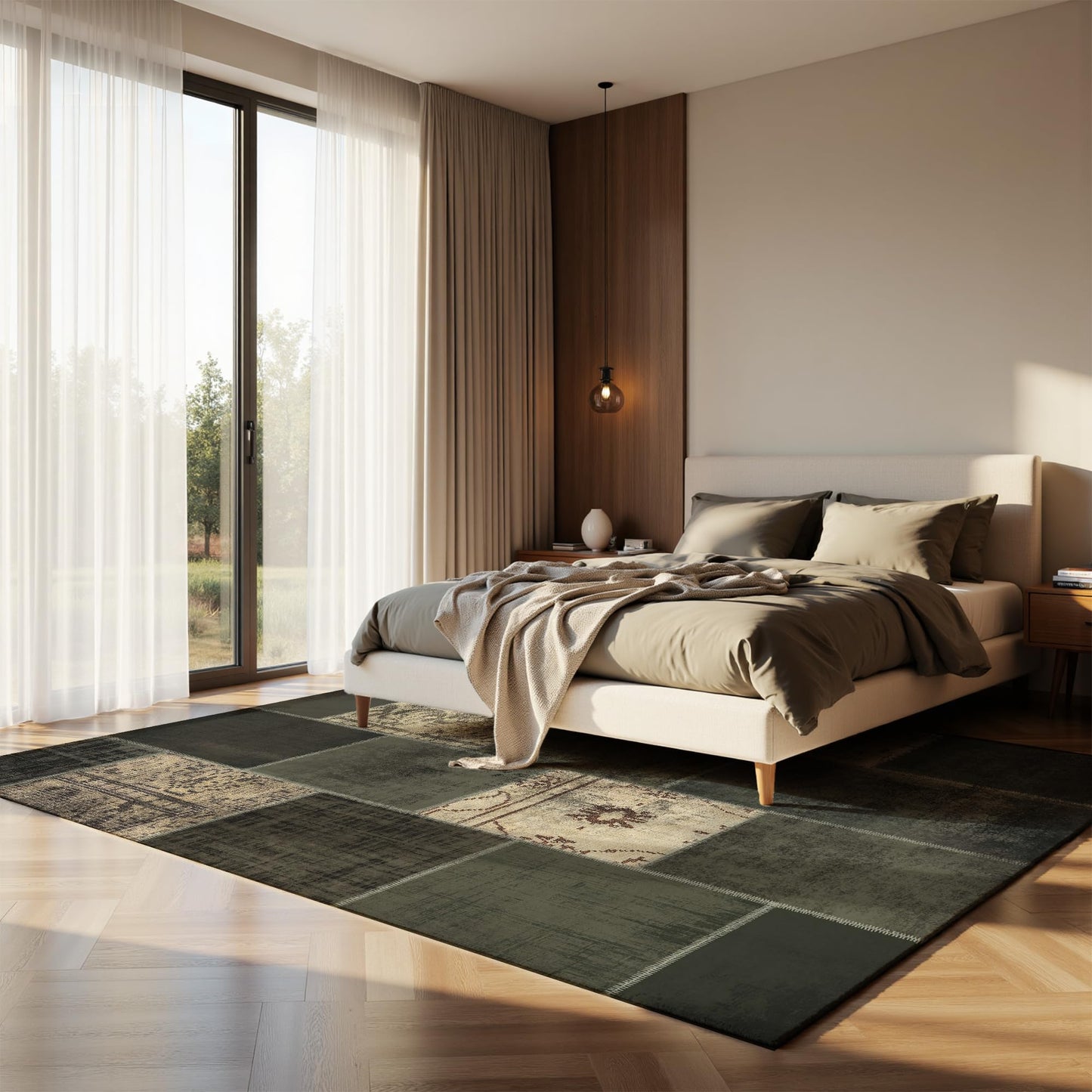 Nayoroom Modern Abstract Sega Green Distressed 8x10 Area Rug, Soft Faux Wool Washable Non-Slip Stain Resistant Rug, Geometric Patchwork Modern Design Rug for Living Room Bedroom.