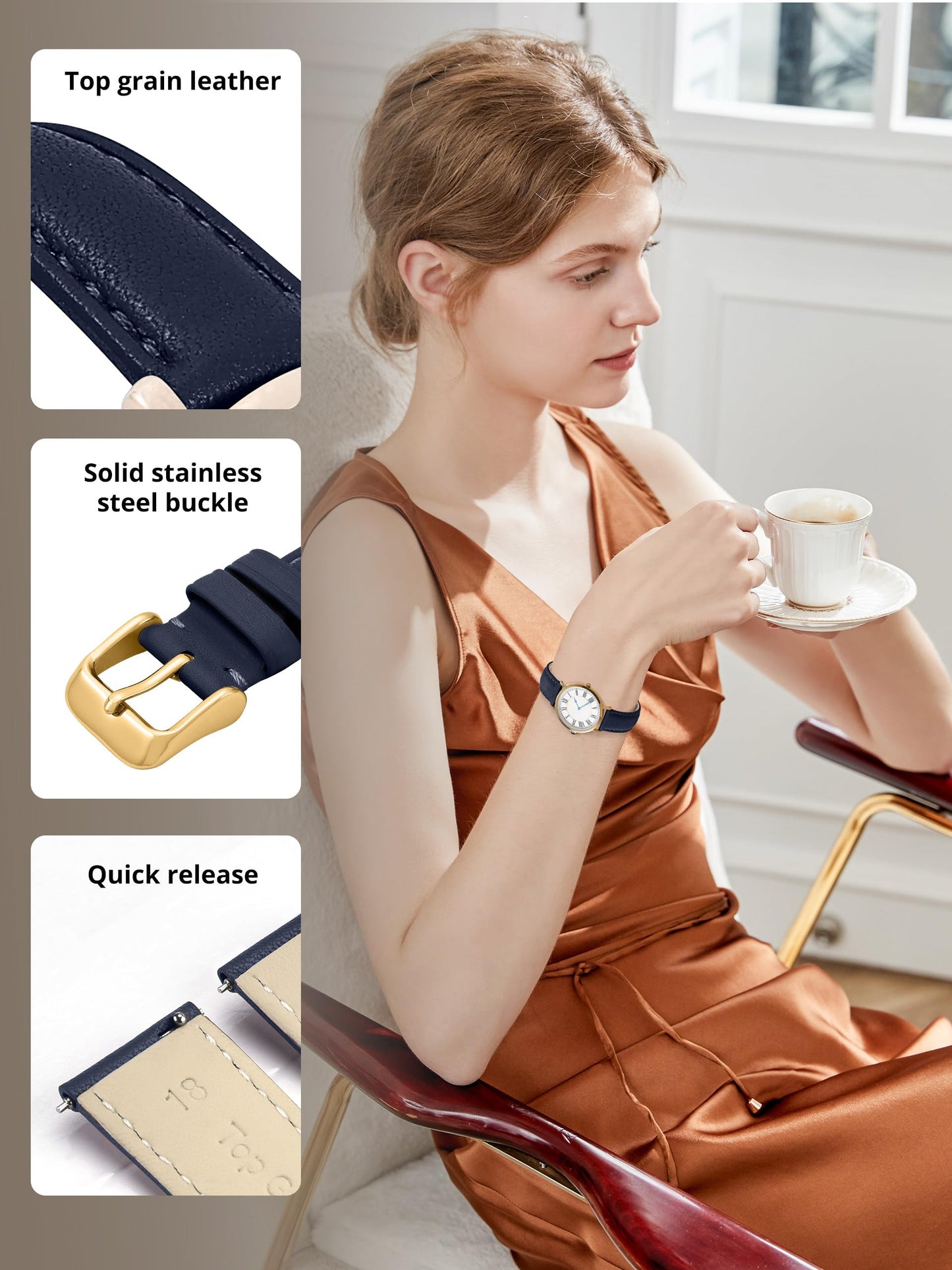 EACHE 12mm Leather Watch Bands for Women Ladies Quick Release Watch Bands Replacement Navy Blue Strap with Gold Buckle