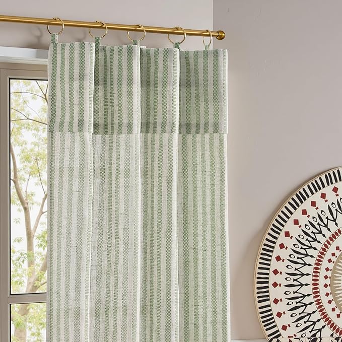 jinchan Striped Linen Kitchen Curtains with Attached Valance 36 Inch Length Cafe Tier Curtains for Living Room Rustic Half Window Light Filtering Rod Pocket Small Drapes 2 Panels Green