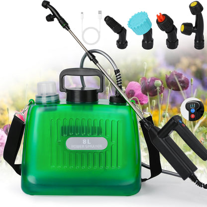 Ramarmro Battery Powered Sprayer 2 Gallon, Electric Sprayer with 4 Mist Nozzles, USB Rechargeable Handle, 32in telescopic Wand, Garden Sprayer with Adjustable Shoulder Strap for Lawn, Garden, Cleaning