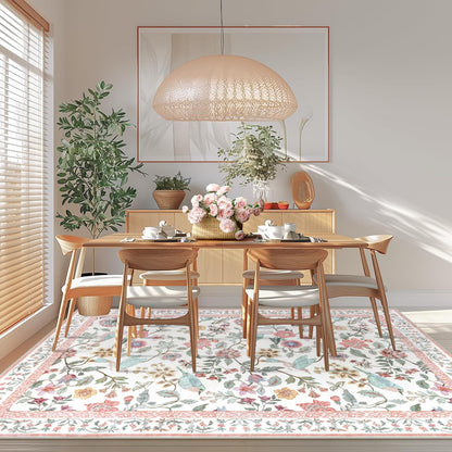 Rugalia Floral Washable 5x7 Area Rug, Soft Non-Slip Pink Rugs for Girls Bedroom Low Pile Flower Birds Living Room Rug, Non-Shedding Botanical Indoor Carpet for Nursery Playroom Dining Room