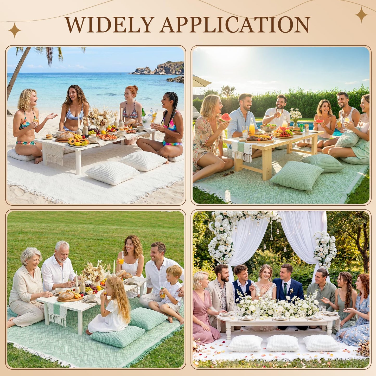 Extra Large Outdoor Rug Boho Picnic Blanket with Low Table Runner and 6 Throw Pillows Covers Set for Beach Essentials Beach Accessories Garden Party Decoration Patio Park Lawn Grass Festival Mat XL