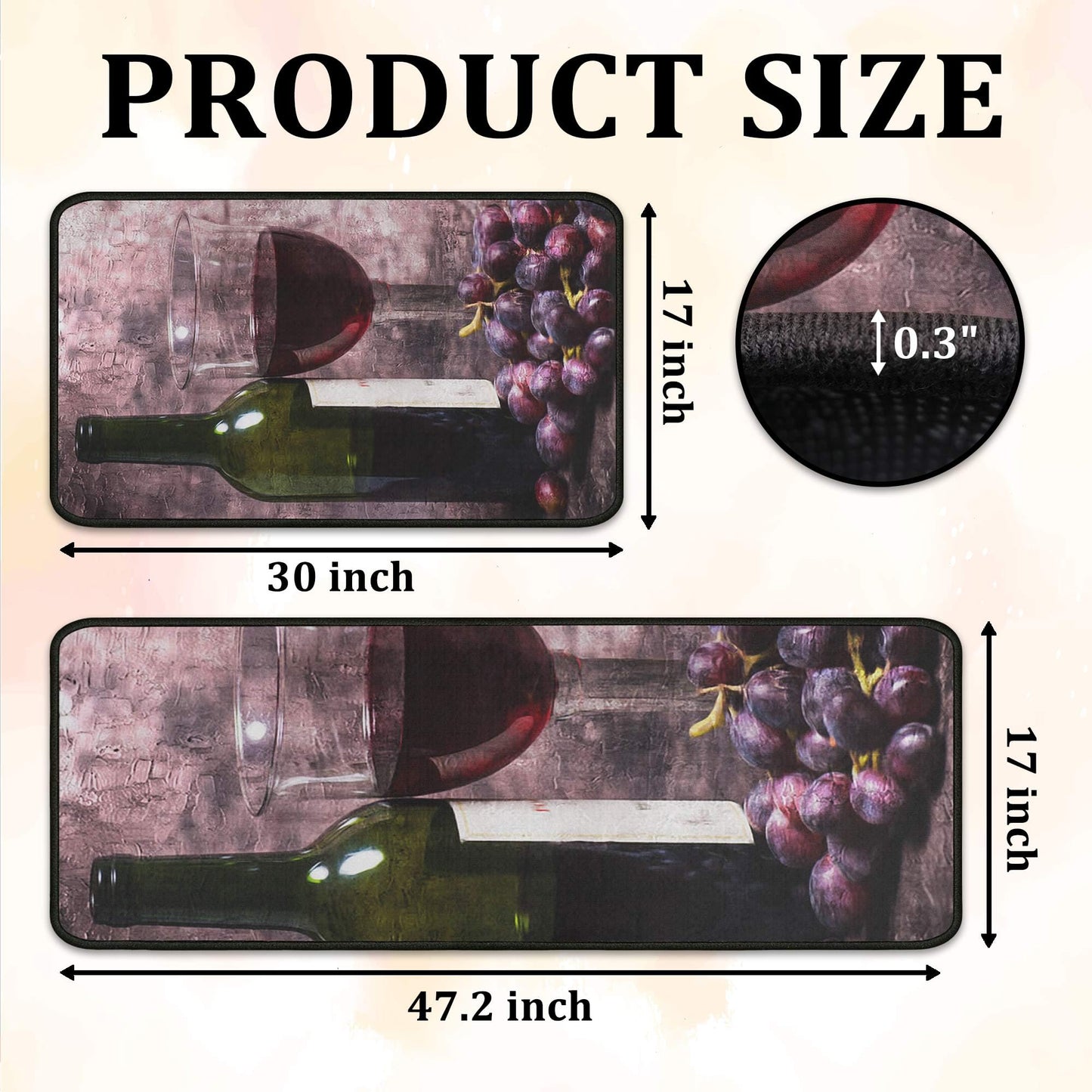 Yovirinto Wine Kitchen Rugs and Mats Sets of 2, Non Skid Washable Absorbent Microfiber Farmhouse Kitchen Mat for Runner Hallway Doormat Bathroom 17"x 47"+17"x 30"