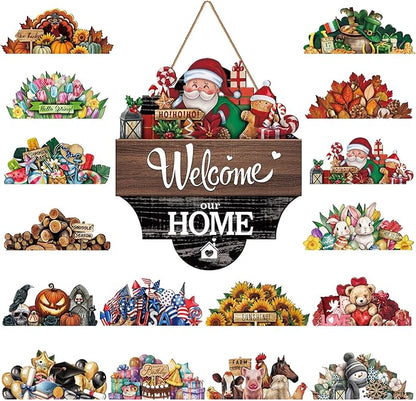 Yousoontic 17 Pcs 12 Inch Magnetic Welcome Door Sign Interchangeable Front Door Decor Rustic Fall Seasonal Hanging Sign Halloween Christmas Decor for Home Warming Gift