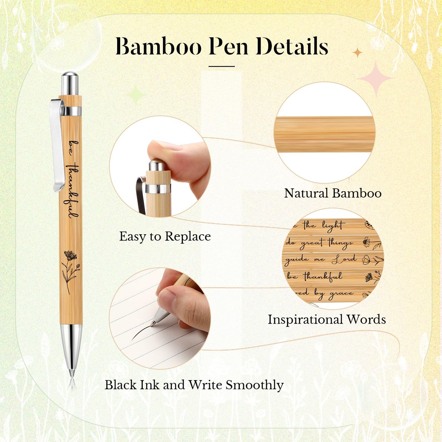 Watersay 30 Pcs Inspirational Bamboo Ballpoint Pens Positive Gifts Bulk Flower Thank You Pens Employee Appreciation Gifts for Coworkers Student Teacher Office