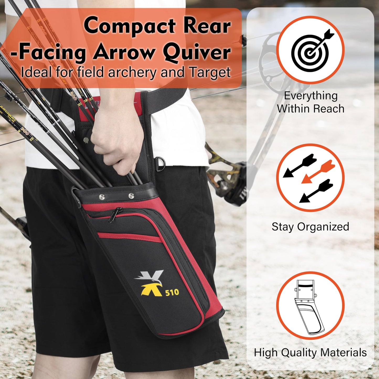 SUNYA X510 Field & Competition Hip Arrow Quiver | 3-Slot Noise-Free Archery Quiver with Sturdy Storage System (42x18cm) (Red, Right)