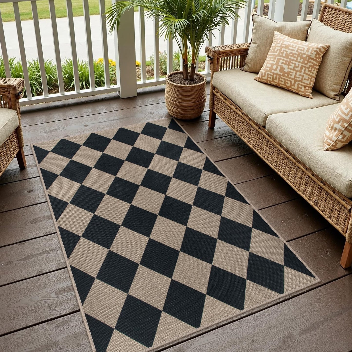 Rugalia Easy Jute Small Outdoor Patio Rug, 3x5 Black Checkered Entryway Rug Washable Modern Diamond Kitchen Rugs, Non-Slip Neutral Farmhouse Throw Carpet for Living Room Porch Backyard