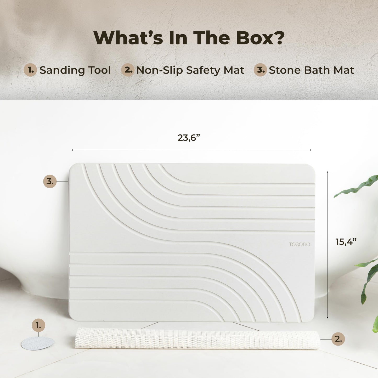 TOSORO - Stone Bath Mat Diatomaceous Earth Shower Mat Non-Slip Super Absorbent Diatomite Stone Bath Mats for Bathroom Floor Quick Drying Natural Easy to Clean (23.5 x 15) - Sandstone