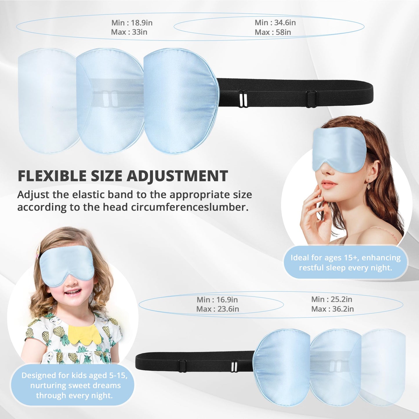 Kids Sleep Mask Eye Cover, 100% Real Natural Pure Silk Eye Mask with Adjustable Strap, Blindfold Kids Eye Mask for Sleeping, Eye Shade for Boys Girls and Adult, Pressure-Free Comfort (Black)