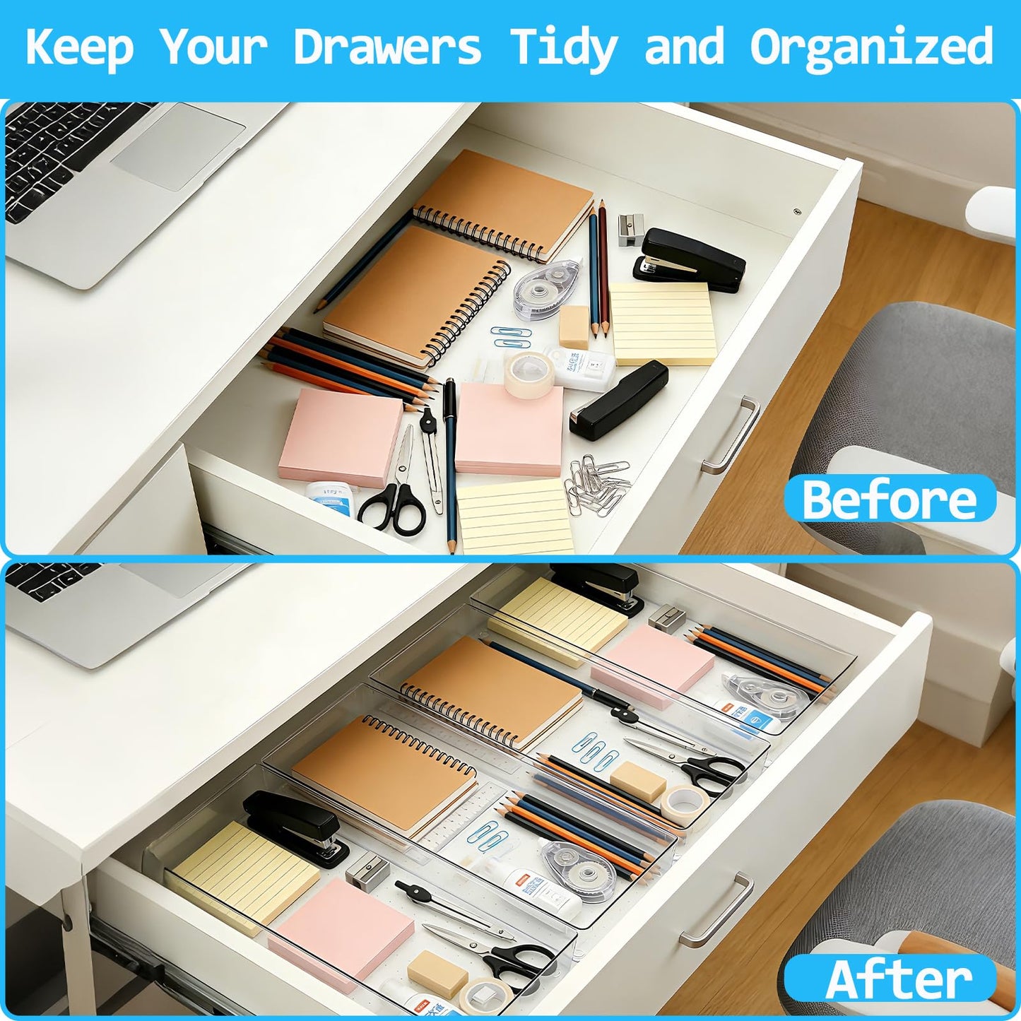 Manalete 4 Pack 15"x6" Extra Large Clear Plastic Drawer Organizer Trays, Multi-Purpose Storage Bins for Vanity, Makeup, Kitchen Utensils, Bathroom, Office Desk, Auto Tools & Craft Supplies
