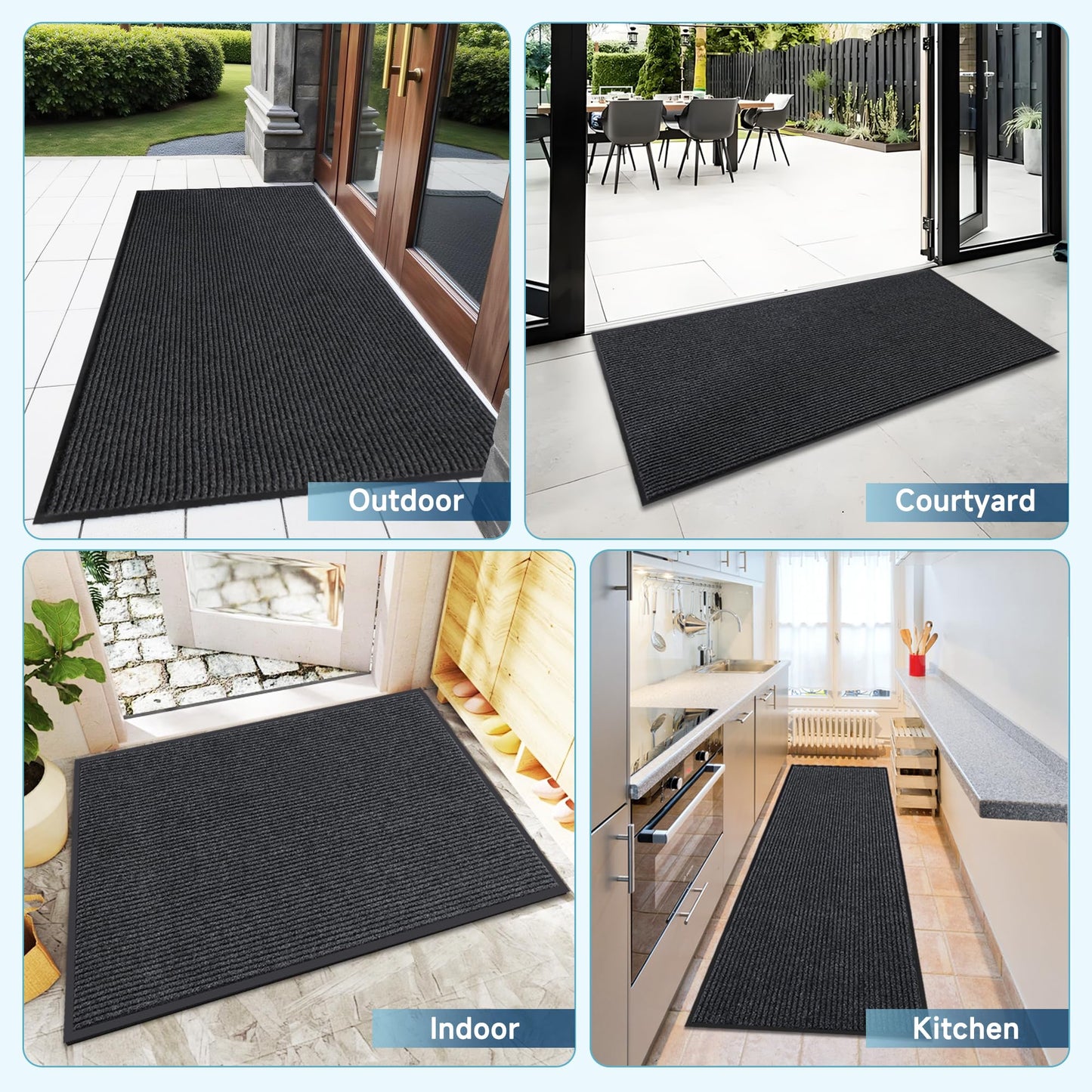 Large Indoor Outdoor Door Mat, 2' x 6' Heavy Duty Commercial Floor Mat Inside Outside Entrance, Rubber Border Doormats for Entryway, High Traffic Area, Waterproof, Low-Profile, Easy to Clean