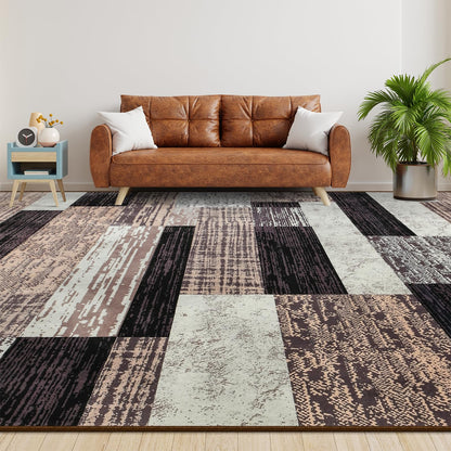 Large Area Rugs,Modern Geometric Patchwork Floor Decor for Bedroom Aesthetic Carpet, Rockwood Collection, Indoor Rugs for Living Room Dining Room Nursery Office Machine Washable Rug, 4x6 Ft Chocolate