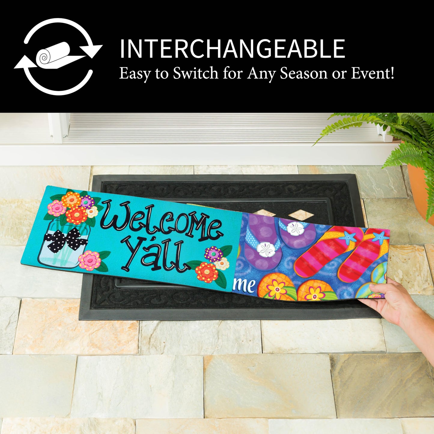Evergreen Sassafras Doormat Insert Bundle & Tray Set of 5, Spring Summer Fall Winter Interchangeable Entrance Door mats Indoor and Outdoor Welcome Mat 30 x 18 Tray Non Slip Backing Low Profile