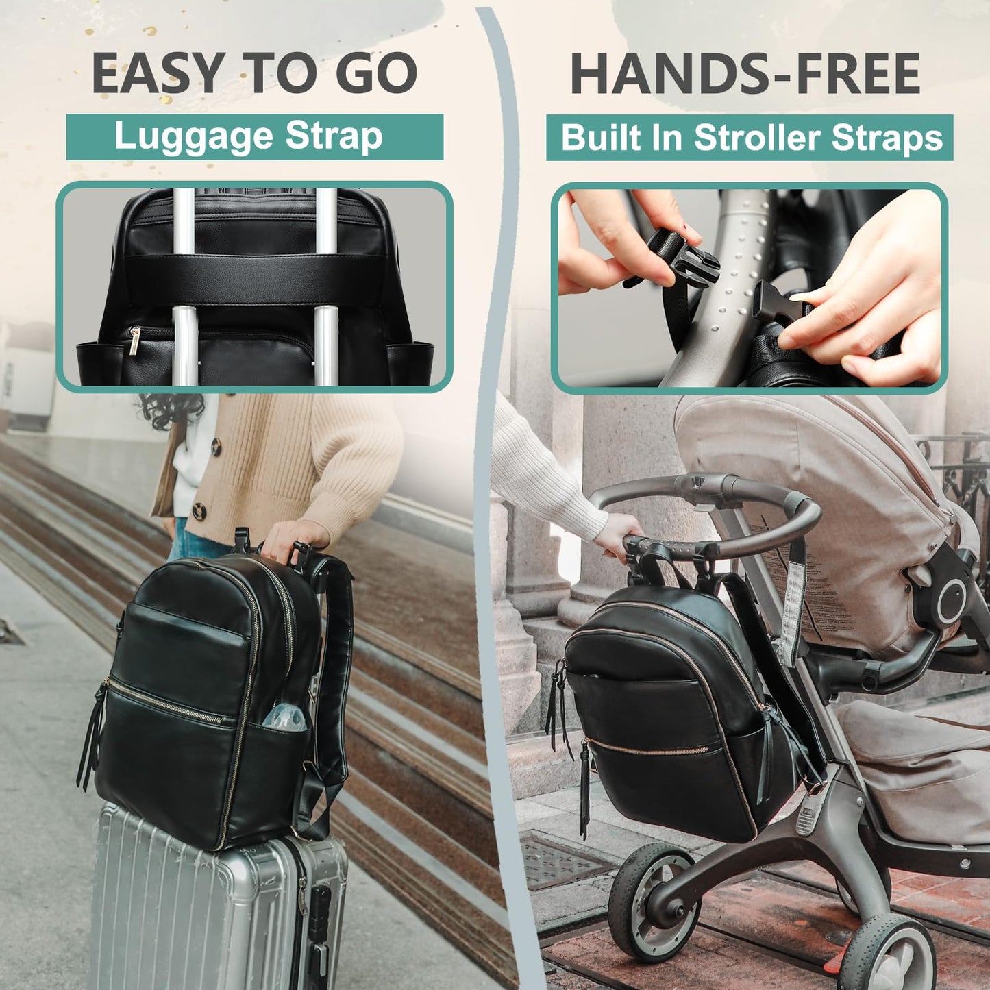 MOMINSIDE Diaper Bag Backpack Leather Diaper Bag with 6 Insulated Pockets, Baby Bag for Mom Dad, Baby Registry, Changing Pad, Stroller Straps,Diaper Backpack Diaper Bag Leather (Black)
