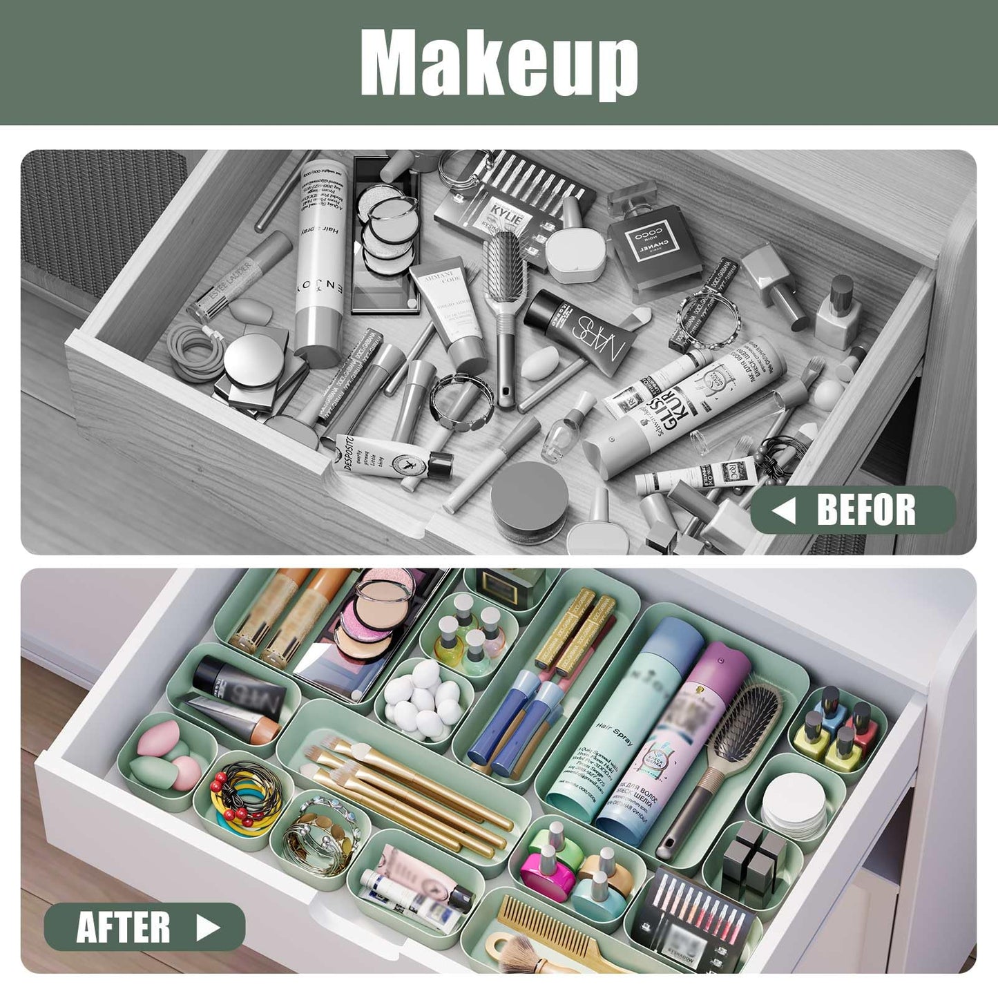 Plastic Drawer Organizers, 10 PCS Drawer Organizer Bins, Bathroom and Vanity Organizer Plastic Tray, Makeup organizer and storage for Makeup, Bedroom, Kitchen Gadgets Utensils and Office (Green)