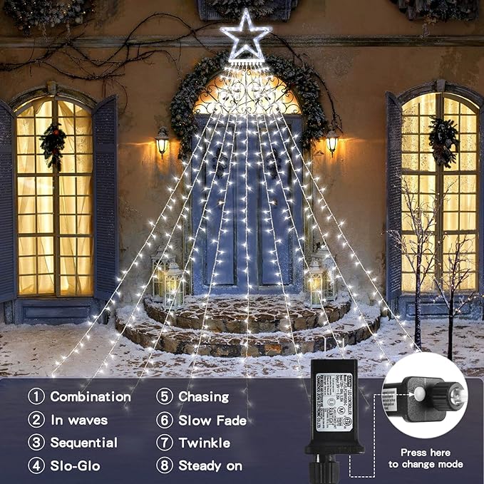 Christmas String Lights Outdoor Decoration 317 LED Star Fairy String Lights 8 Modes & Waterproof for Party Wedding Patio Yard New Year Holiday Indoor Outdoor Cool White