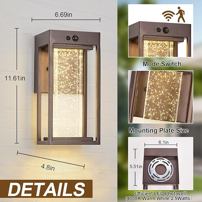 Oil Rubbed Bronze Solar Outdoor Wall Lights with 3 Modes Motion Sensor Crystal Exterior Sconces with 4000K 250LM LED Outside Coach Light for House Front Door Waterproof Dusk to Dawn Solar Porch Light