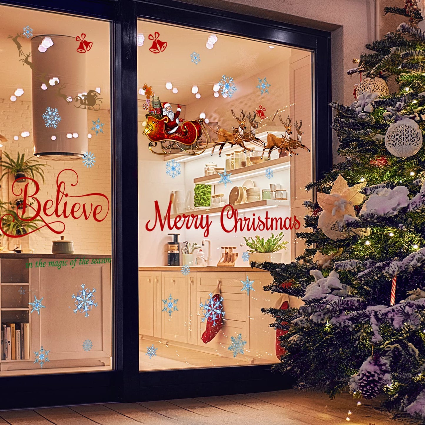 Spiareal Christmas Window Wall Decals Santa Sleigh and Reindeer Xmas Wall Stickers Merry Christmas Quote Stickers Santa Claus Snowflake Window Decal for Home Shop Xmas Party Decorations
