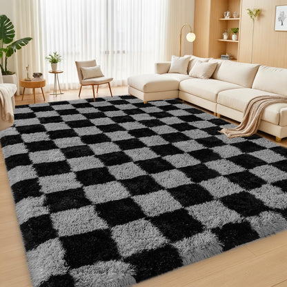 Rezutan Ultra Soft Rugs for Bedroom 8x10 Feet, Checkered Black Grey Fluffy Shag Area Rugs for Living Room, Large Comfy Furry Rug for Girls Kids Baby Room Decor Teenage Pastel Princess Rug, Non Slip