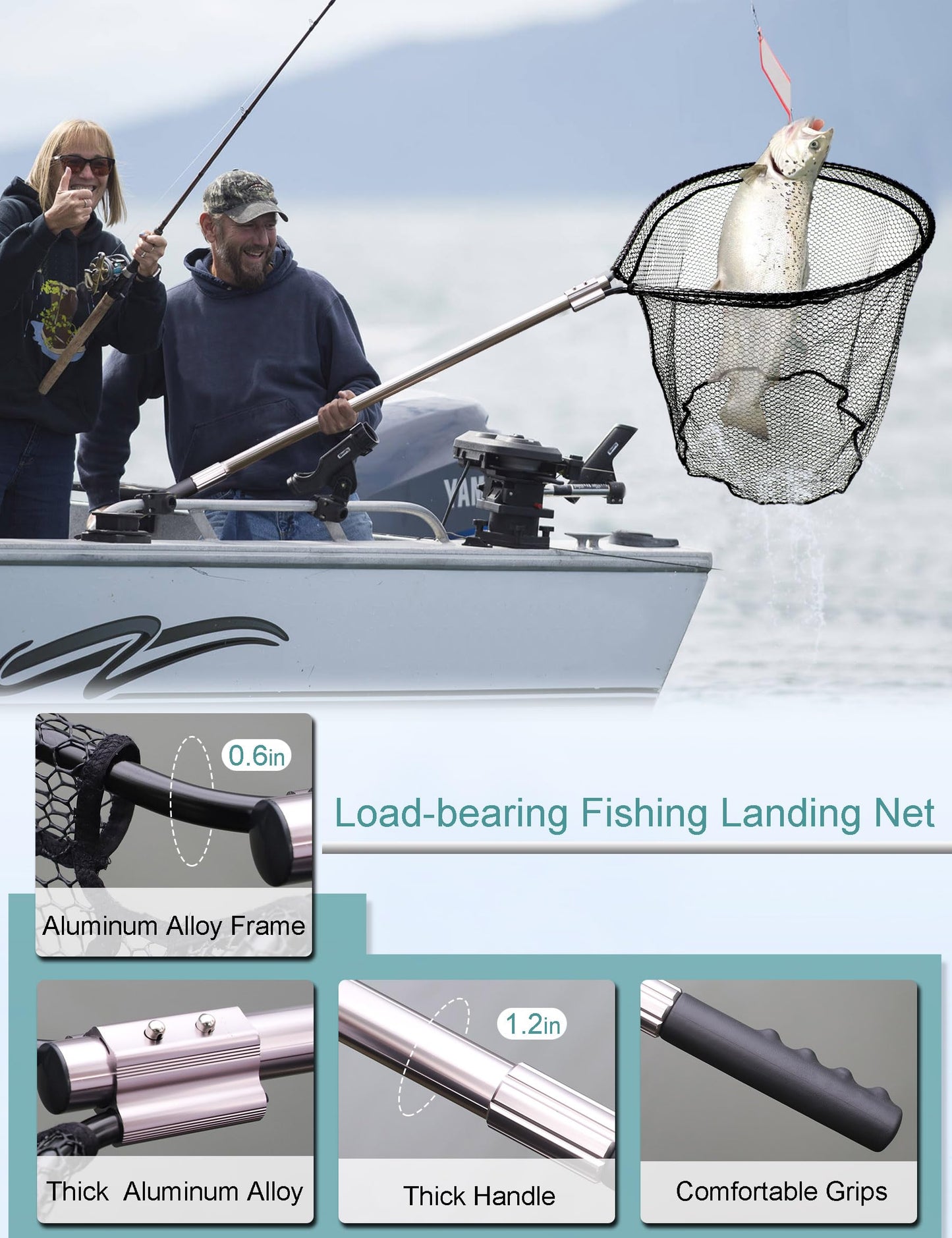 Avlcoaky 94" Telescopic Fishing Landing Net - Heavy-Duty Aluminum Handle with Non-Snag Rubber Coated Mesh, Extra Large Fishing Net for Saltwater Boat Fishing