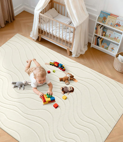 YIHOUSE 6x9 Abstract Wave Striped Area Rug, Modern Washable High-Low Pile Rug, Soft Textured Carpet for Living Room, Bedroom,Dining Room, Beige Ivory White