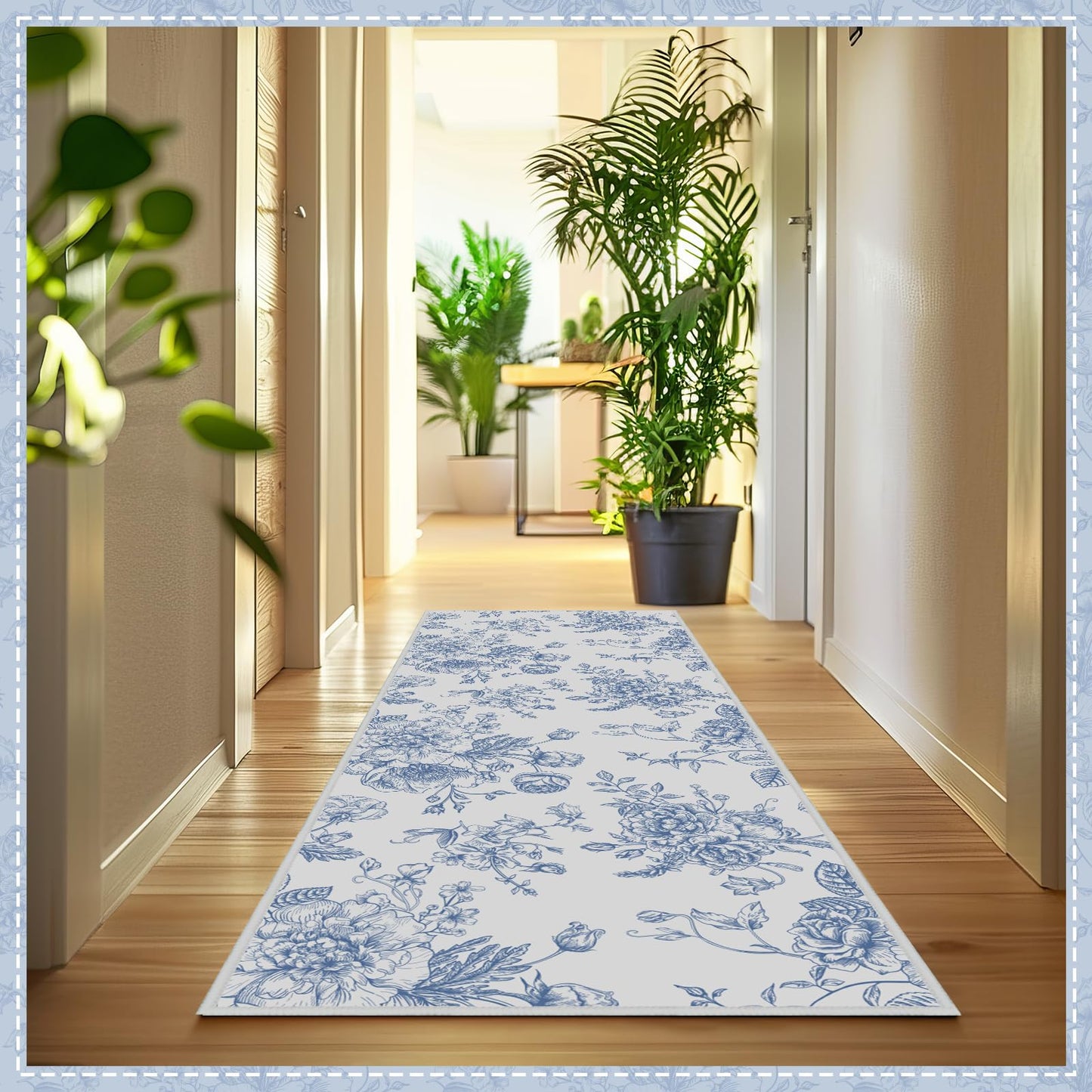Drydiet Blur Floral Runner Rug 2 x 6 ft Large Something Blue Before I Do Soft Washable Rug with Non Slip, Low Pile Stain Resistance Carpet for Entryway Hallway Kitchen Laundry Living Room