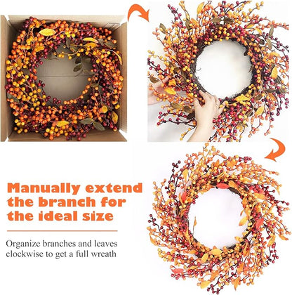24 Inch Fall Front Foor Wreath, Orange Berries Leaves Grapevine Wreath for Farmhouse Window Hanging Home Decor