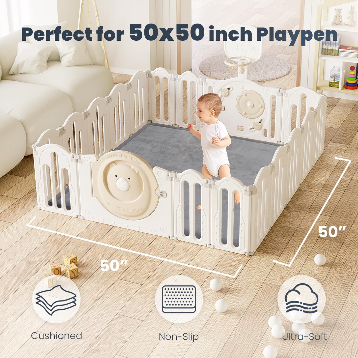 ACOMOPACK 1.3" Thick Baby Play Mat for Floor,50x50 Elasti-Foam Playpen Mat for Kids,Infants,Toddlers, Ultra Soft Crawling Mat with Non-Slip Bottom,Tummy Time,Nursery Rug,Yoga,Tatami（Dark Grey）