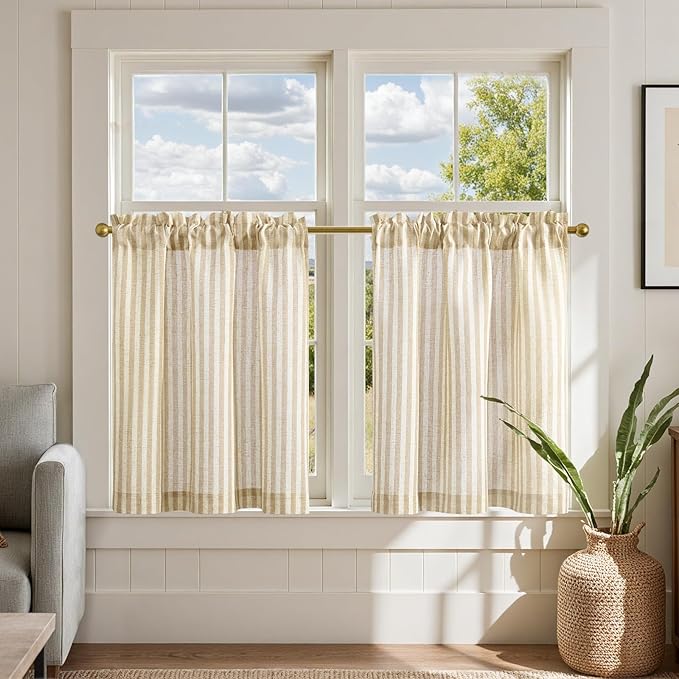jinchan Striped Linen Kitchen Curtains 24 Inches Length Tier Curtains Farmhouse Modern Cafe Style Small Window Treatments Airy Light Filtering Rod Pocket for Living Room Bathroom 2 Panels Beige
