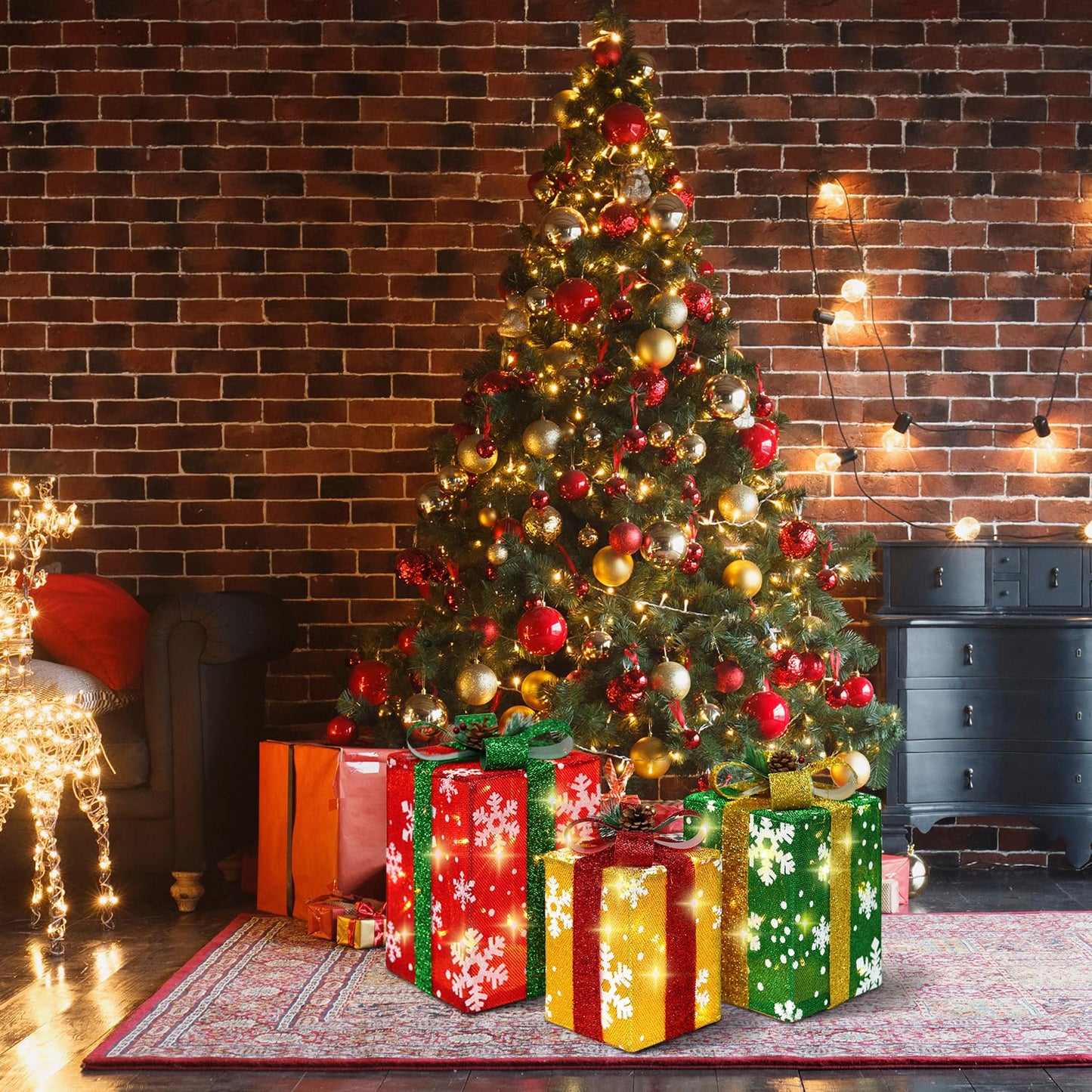 DomKom Set of 3 Tall Christmas Lighted Gift Boxes Decorations - Plug in 60 LEDs Present Box - Rectangular Light Up Xmas Tree Skirt Ornament Outdoor/Indoor Vertical Holiday Decor