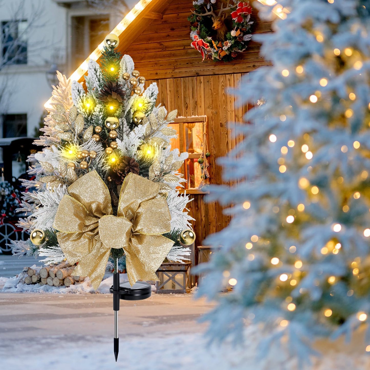 2 Pack Gold Outdoor Pathway Christmas Tree Urn Filler Solar Waterproof Cemetery Xmas Tree Faux Pine Cones Gold Christmas Ball Berry Pathway Light Ornament Stakes for Yard Garden Lawn Walkway Cemetery