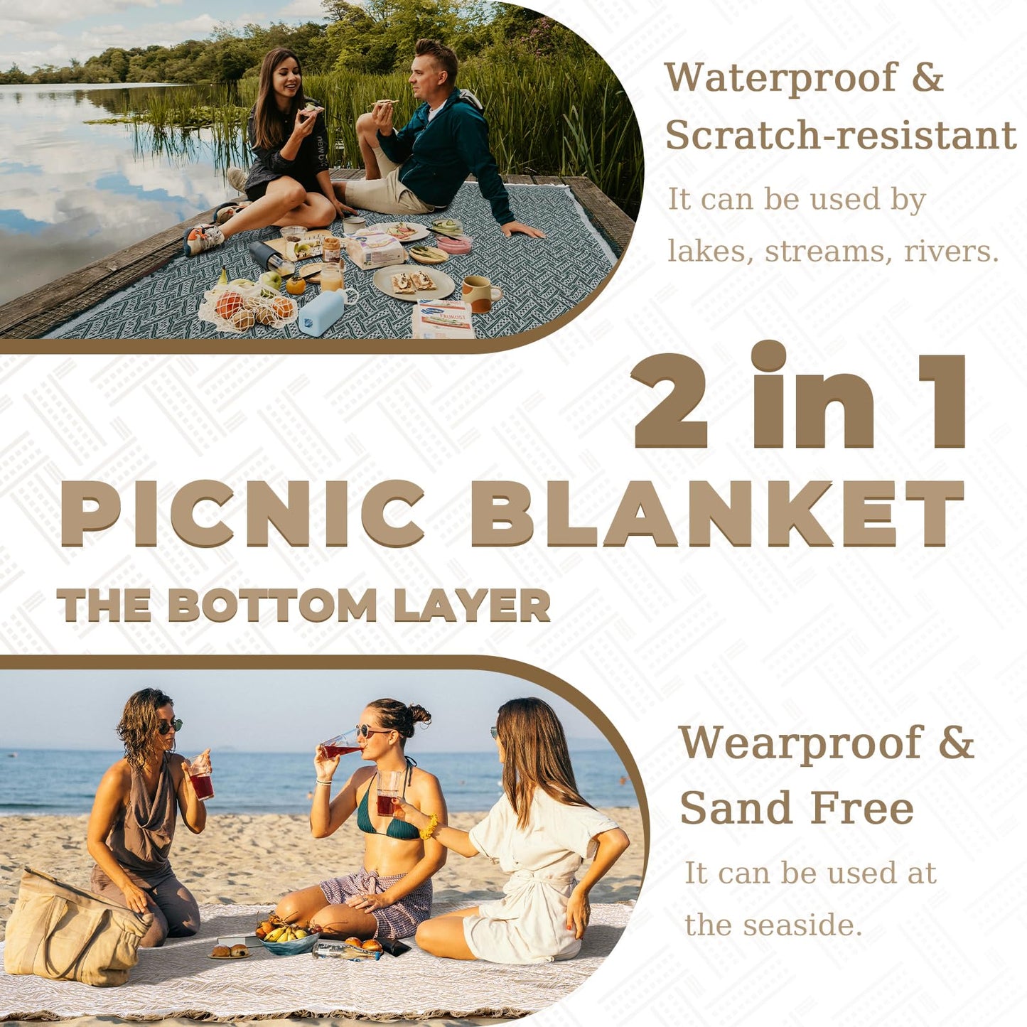 Genovega 2 in 1 Extra Large Rug Outdoor Picnic Blanket Waterproof Woven Boho Mat Giant Beach Towel Travel Essential Yoga Accessories Park Patio Lawn Garden Ground Music Festival Concert Must Have