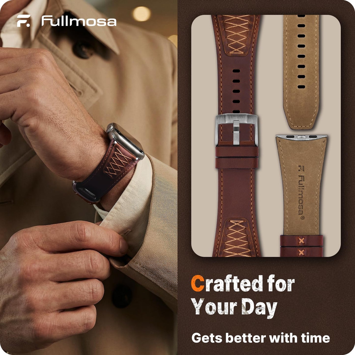 Fullmosa Leather Band Compatible with Apple Watch Ultra 3/2/1 Band 49mm 46mm 45mm 44mm 42mm Men, Top Grain Leather Replacement Strap for iWatch series 11 10 9 8 7 6 5 4 3 2 1, SE 3 2 1,Dark Brown+Silver