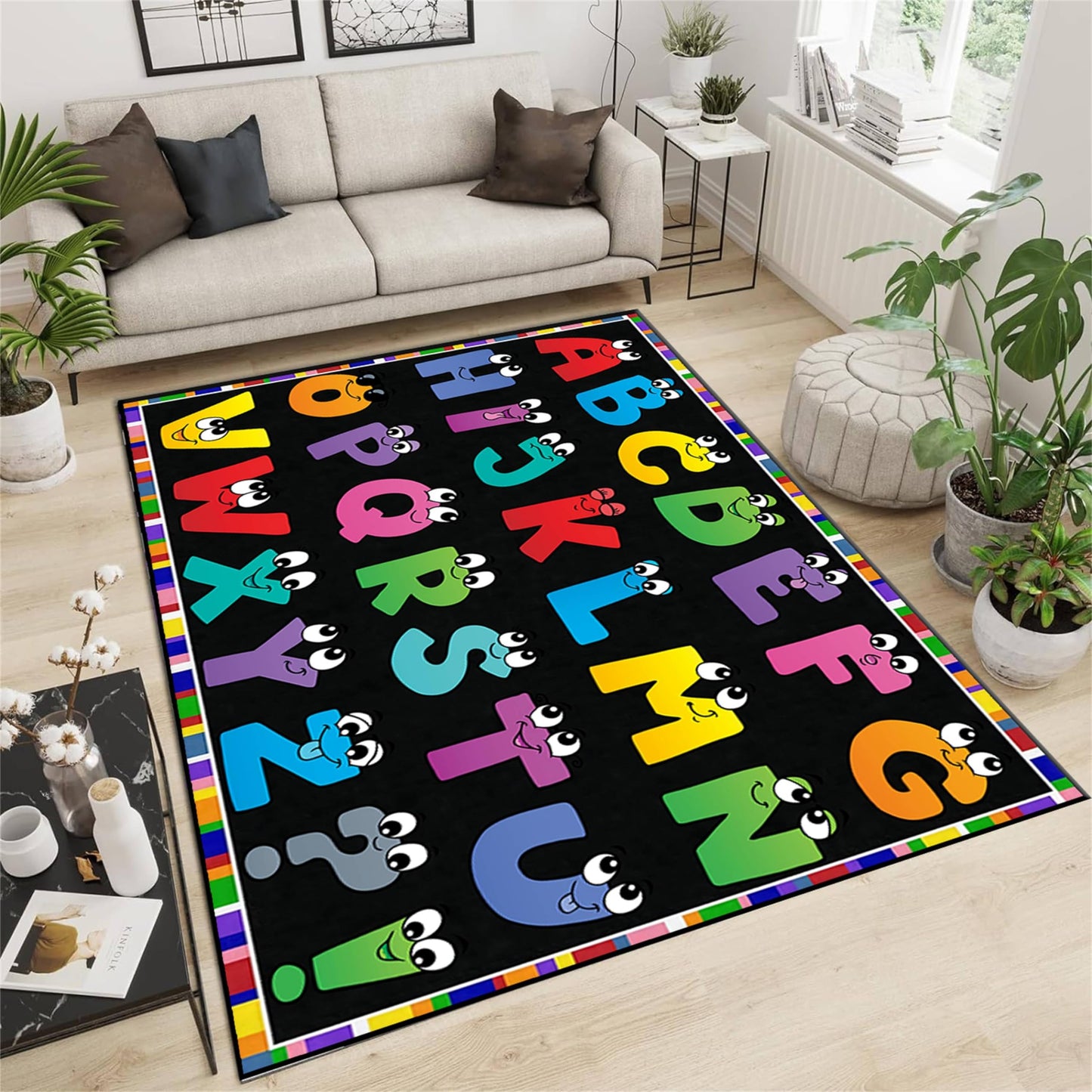 Srocvi Kids Area Rug English Characters ABC and Math Symbols Learning Carpets, Lovely Black Foldable Large Area Rugs Perfect for Dining Room Bedside Kids Boys Bedroom Playroom Hallway, 3x5ft