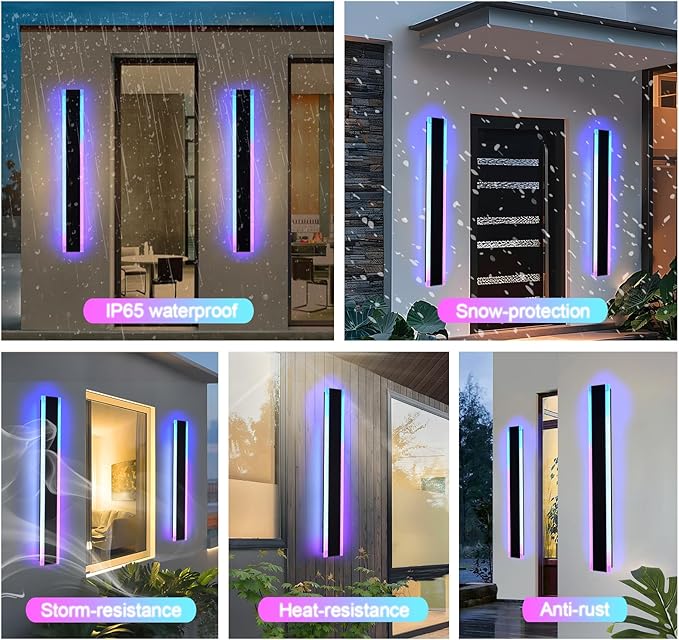 2 Pack Outdoor Long Wall Light for Porch, 24 inch Modern RGB Led Wall Lights Fixture, Dimmable Outside Wall Sconce Linear Lights, Exterior Lighting Fixtures for Garage, Patio, Front Door