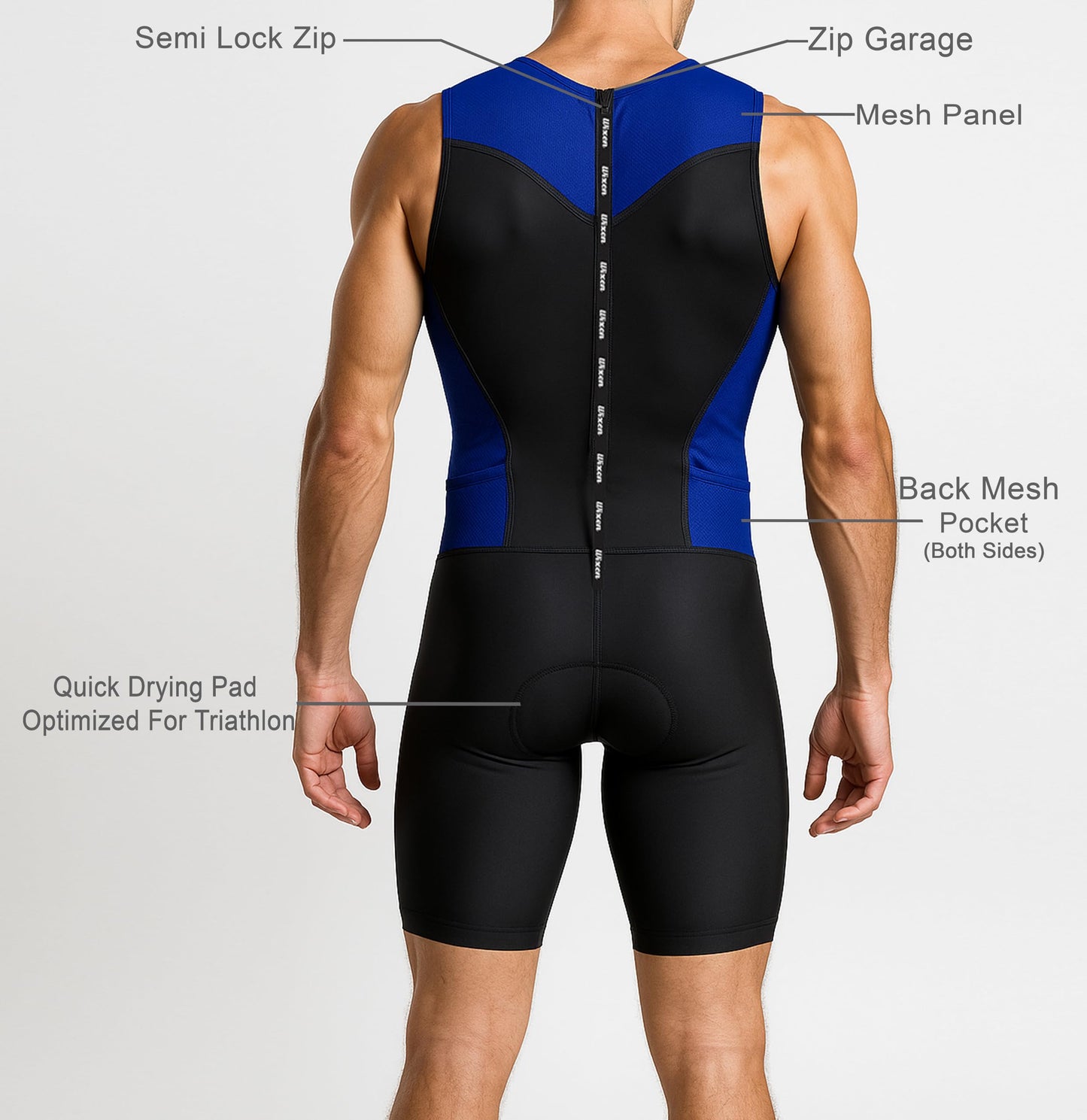 Wixen Men's Performance Triathlon Suit Sleeveless Tri Suit Padded Quick Dry Run Swim (Blue m)