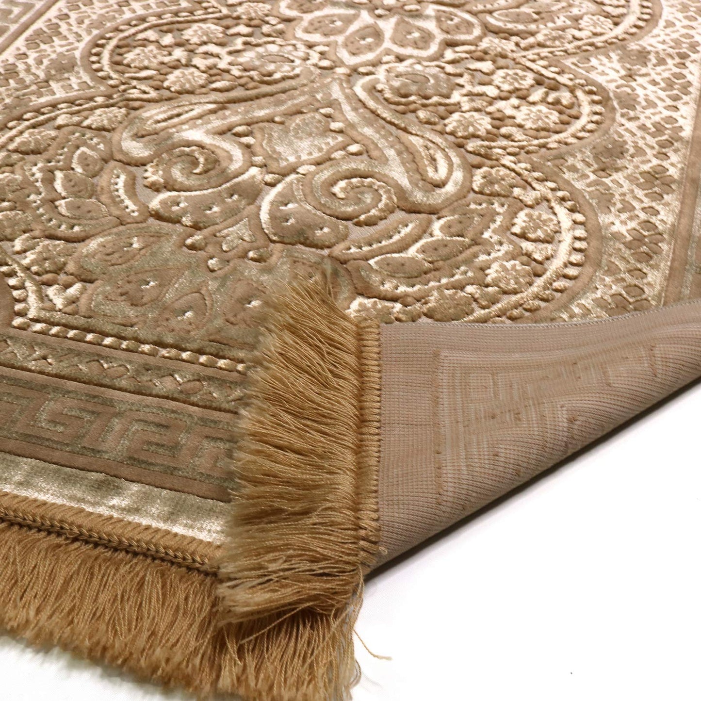 Modefa Luxury Velvet Prayer Rug with Prayer Beads | Soft Elegant Muslim Turkish Janamaz Sajada Carpet for Men and Women | Plain Solid Prayer Mat Ramadan Eid Gift - Paisley (Golden Beige)