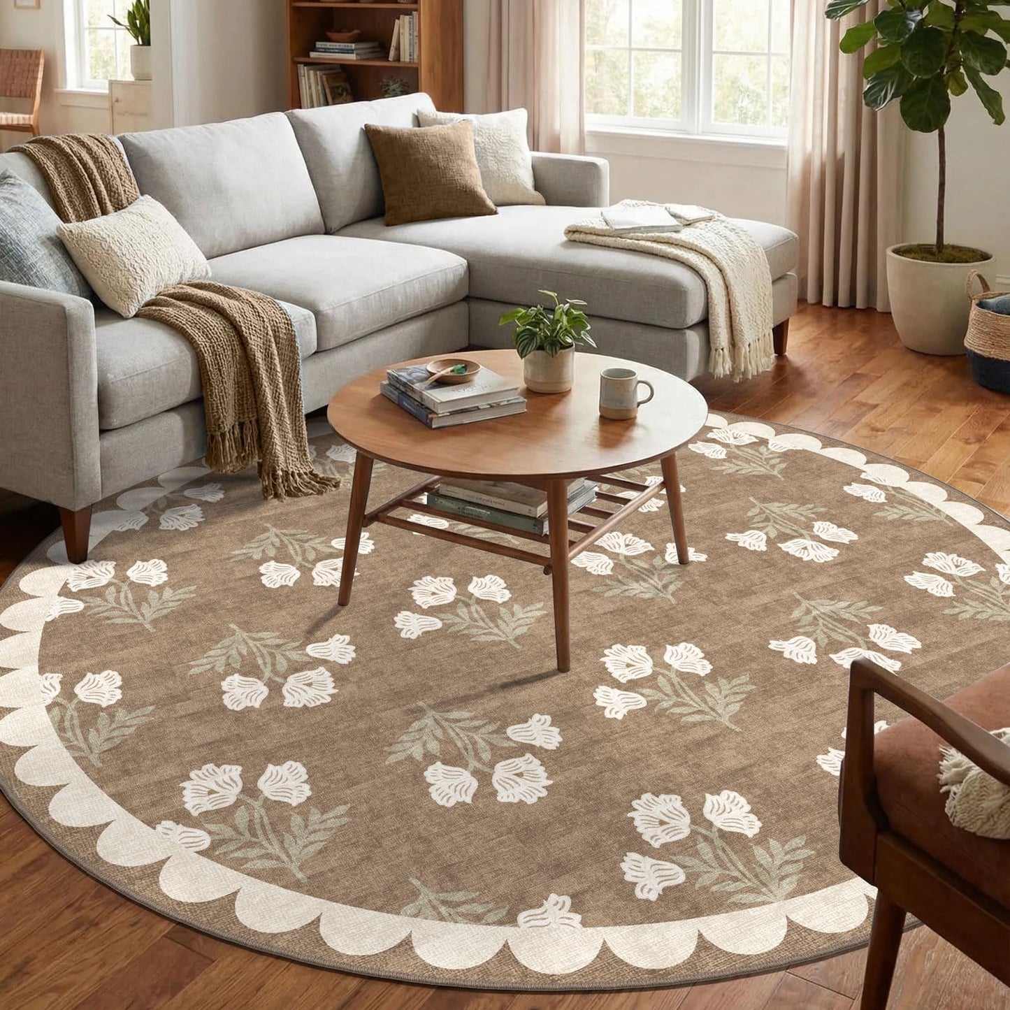 Othilic Tan 6ft Round Area Rug for Living Room - Large Washable Floral Neutral Farmhouse Scalloped Circle Rug for Bedroom Stain Resistant Dining Room Rugs for Under Round Table Carpet for Living Room