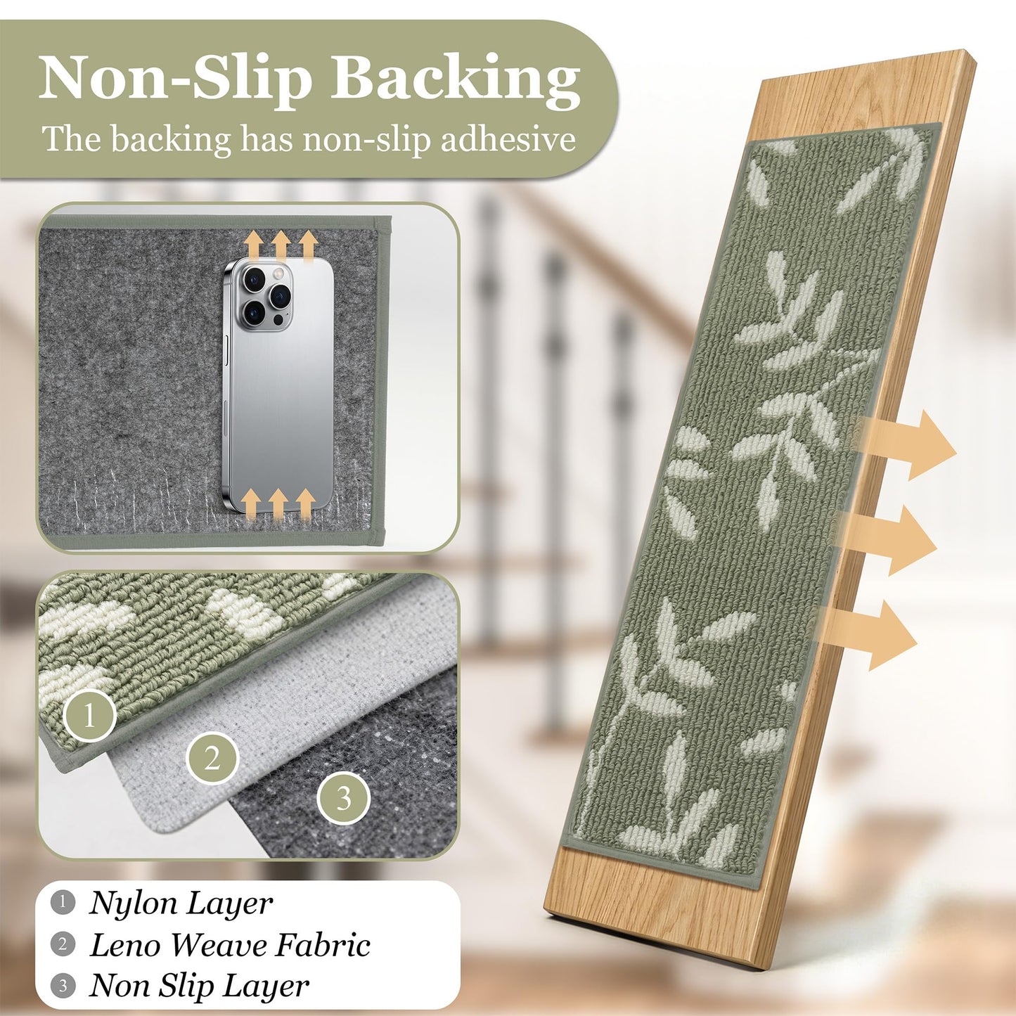 TANVILL Carpet Stair Treads, Non-Slip Stair Treads for Wooden Steps Indoor, 30”x8” Stair Runner for Pets Non Skid Wood Staircase Step Treads Reusable, Set of 15, Green