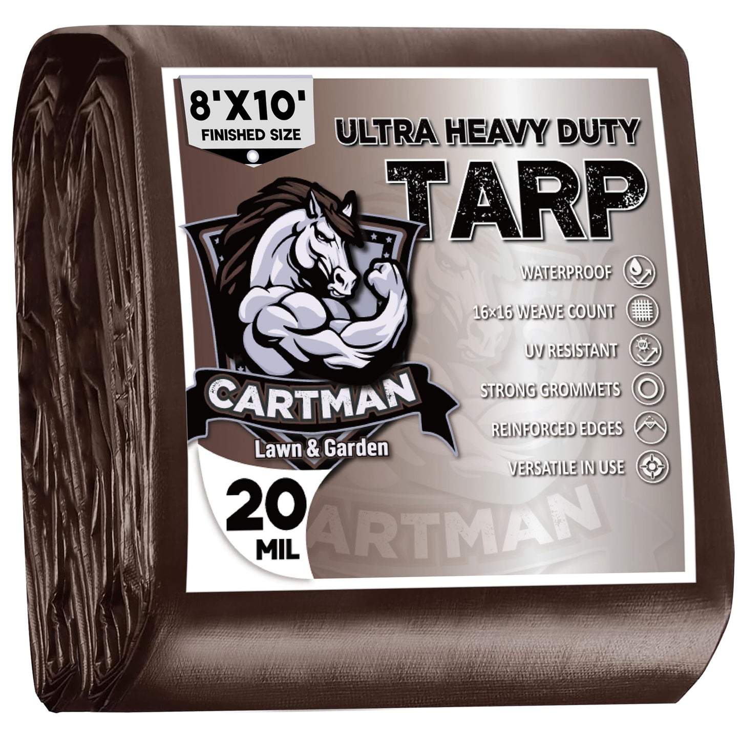 CARTMAN Finished Size 8x10 Feet Extra Thick 20 Mil Brown Ultra Heavy Duty Poly Tarp, Multipurpose Protective Cover, UV Resistant, Waterproof Poly Tarpaulin with Reinforced Edges