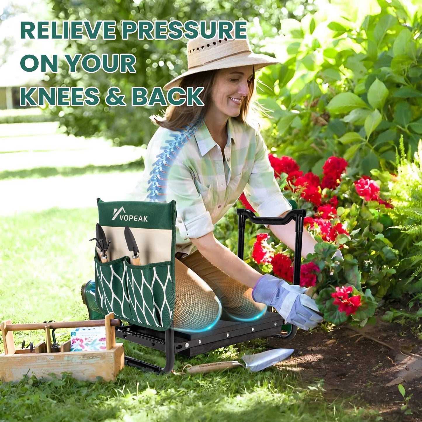 VOPEAK Garden Kneeler and Seat Heavy Duty, Foldable Garden Stool with Upgraded Widened Thick Kneeling Pad, Stable Garden Kneeler with 2 Large Tool Bags, Gardening Gifts for Women, Men, Seniors, Green