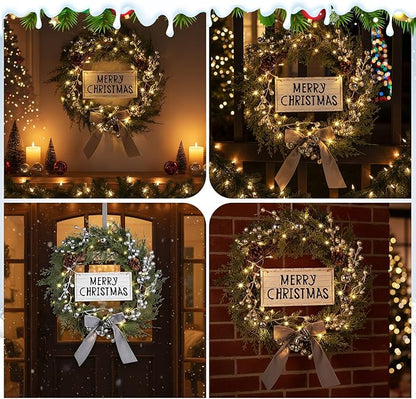 Lighted Christmas Artificial Cedar Wreath for Front Door with Hanger Christmas Wreaths Faux Norfolk with Velvet Bow LED Lights Jingle Bells Pinecone Berries Indoor Window Xmas Holiday Decor(Silver)